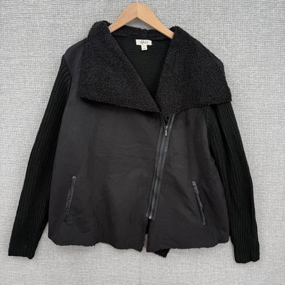 Style & Co Jacket Womens 3X Black Faux Suede Sherpa Collar Knit Sleeves Zip Moto